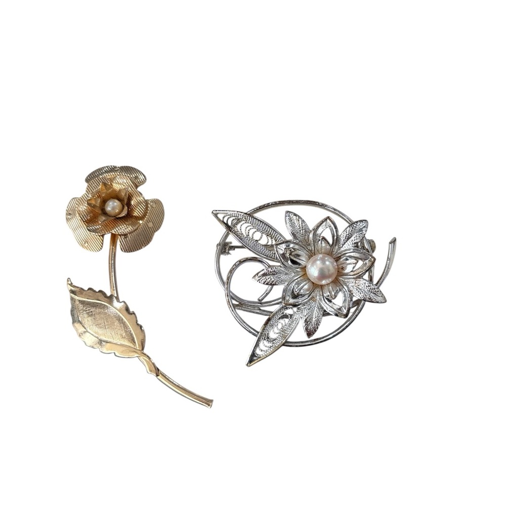 Gold and Silver tone Floral Pearl Brooch Set